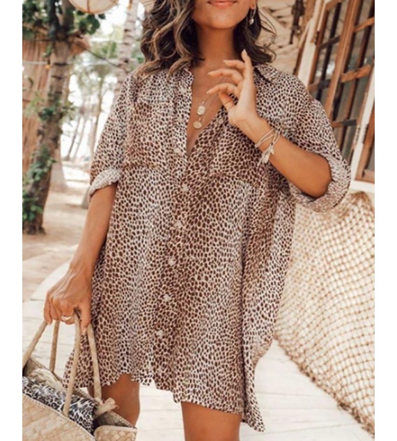 Cheetah Print Button Front Women Shirt Dress