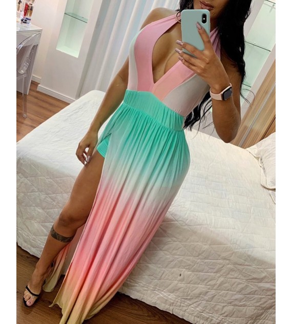 Color High Slit Ruched Plunge Maxi Dress