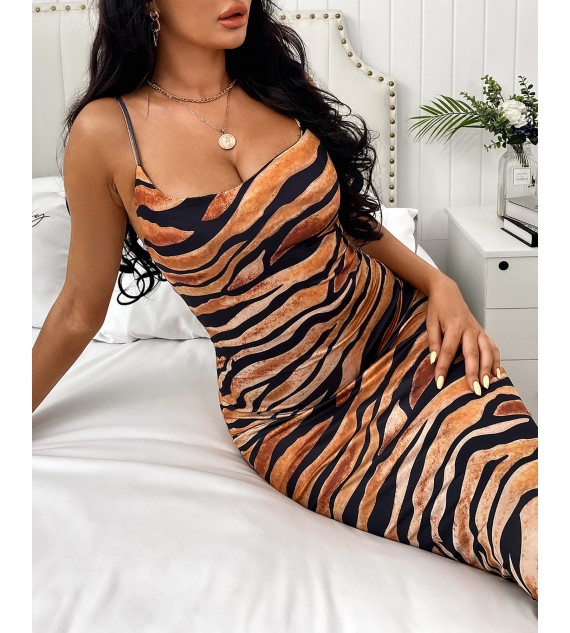 Tiger Print Square Neck Spaghetti Strap Maxi Dress