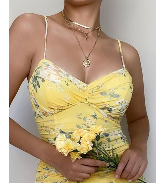 Slit Ruched Floral Print Dress