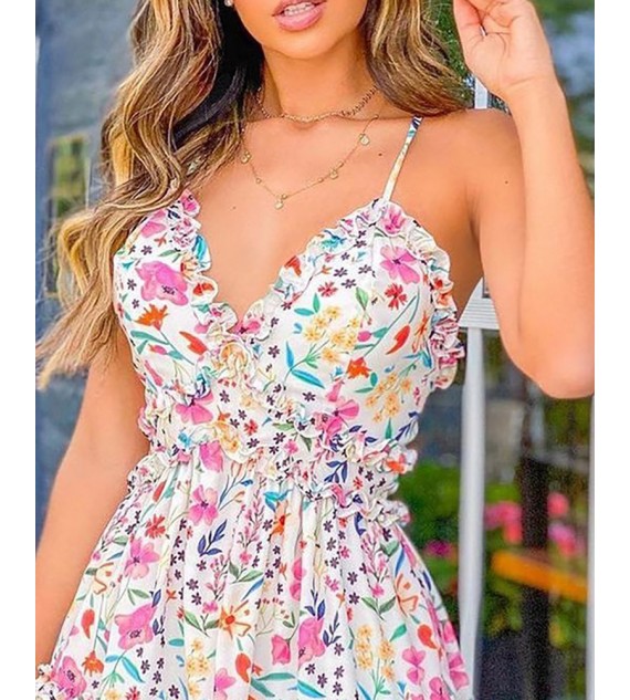 Spaghetti Strap Floral Print Frill Hem Dress