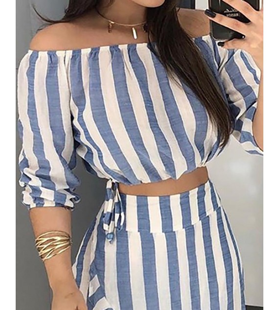 Striped Off Shoulder Top & Ruffles Skirt Sets