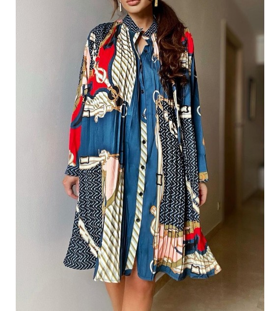Chain Print Long Sleeve Ruched Shirt Dress