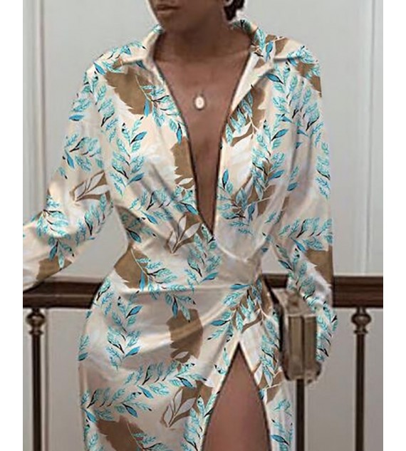 High Slit Leaf Print Ruched Maxi Dress