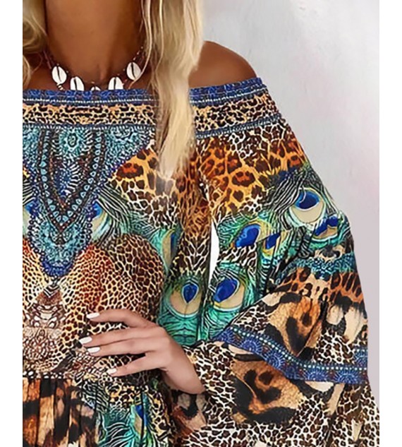 Off Shoulder Animal / Leopard Print Long Sleeve Dress Casual Loose Summer Vacation Dress