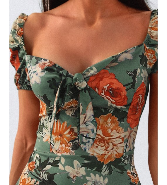 Floral Square Neck Tie Front Dress