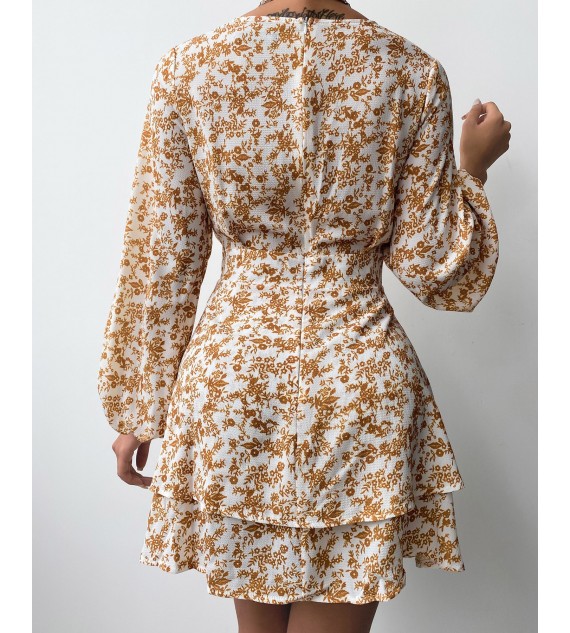 V-neck Floral Print Long Sleeve Dress