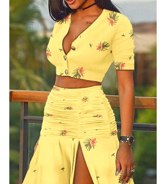 Floral Print Crop Top & Ruched Slit Skirt Sets