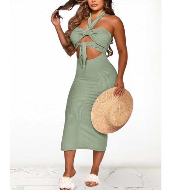 Solid Color Backless Cut-out Halter Sleeveless Knitted Maxi Dress