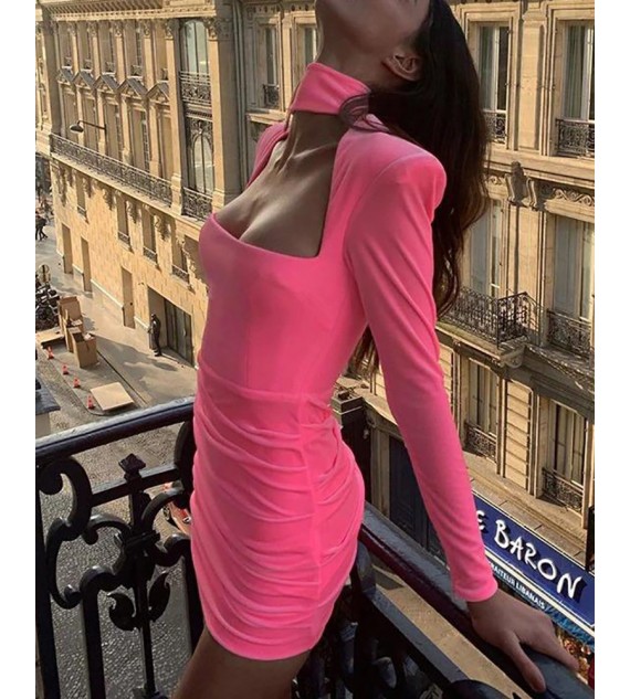Padded Shoulder Cutout Ruched Bodycon Dress