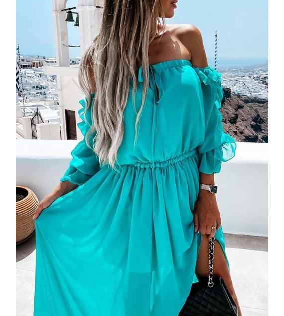 Off Shoulder Ruffle Hem High Slit Maxi Dress