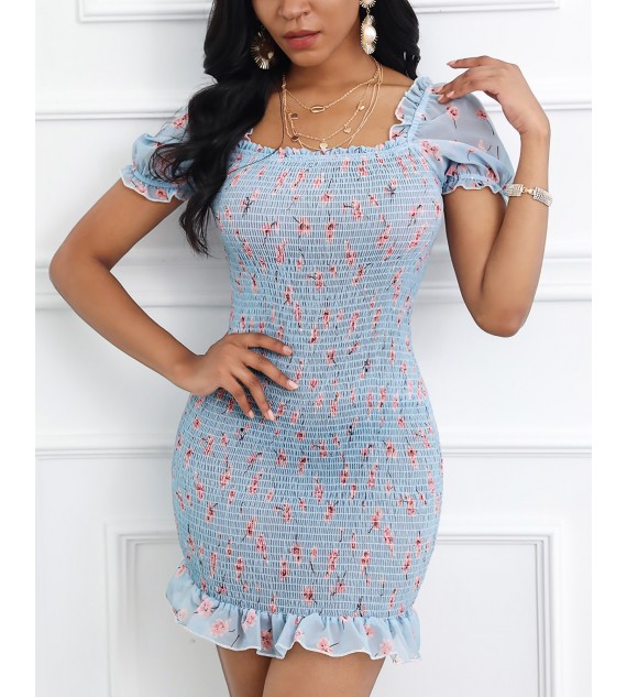 Floral Print Ruffle Trim Mini Women Dress