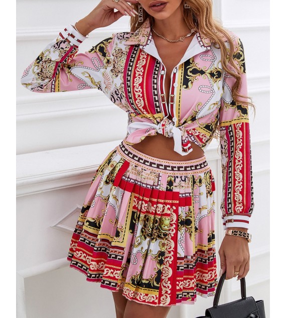 Scarf Print Button Design Shirt & Pleated Skirt Set