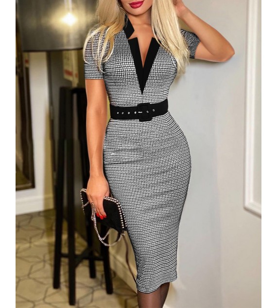 Houndstooth Print V-Cut Work Dress With Belt