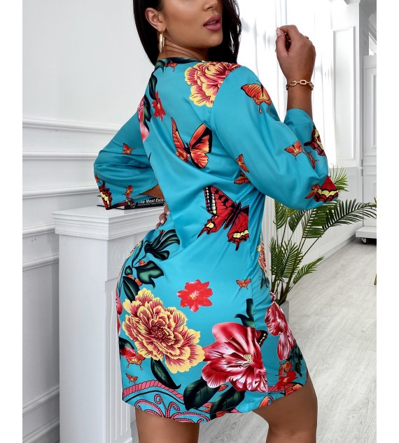Half Sleeve Butterfly Floral Print Dress