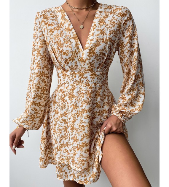 V-neck Floral Print Long Sleeve Dress