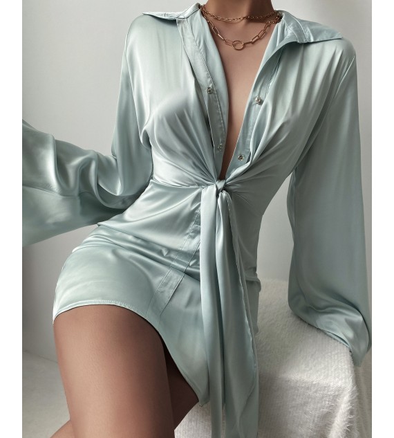 Bell Sleeve Tie Front Satin Shirt Dress