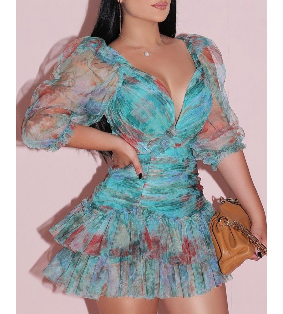 All Over Print Sheer Mesh Puff Sleeve Ruched Dress