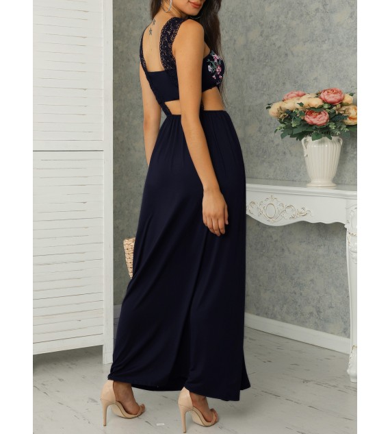Lace Cut Out Floral Print Pleated Maxi Women Dress