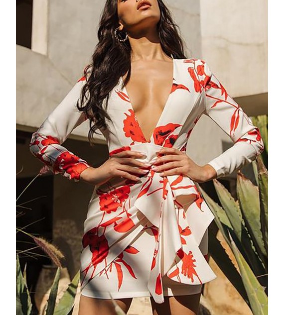 Floral Print Ruched Ruffles Backless Dress