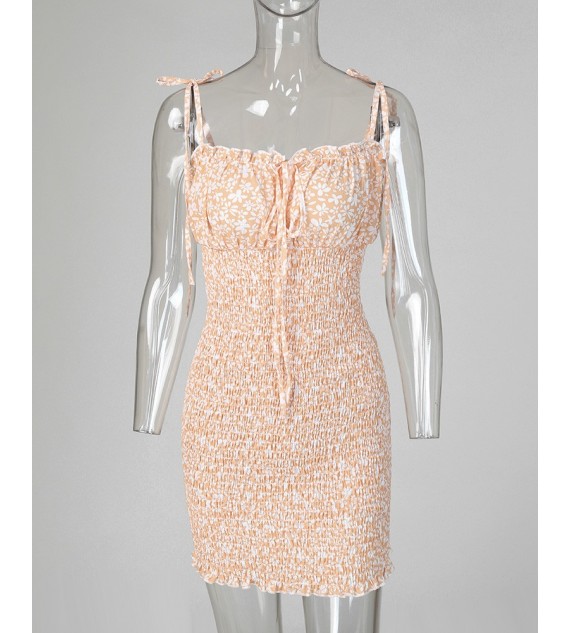 Floral Print Spaghetti Strap Shirring Dress
