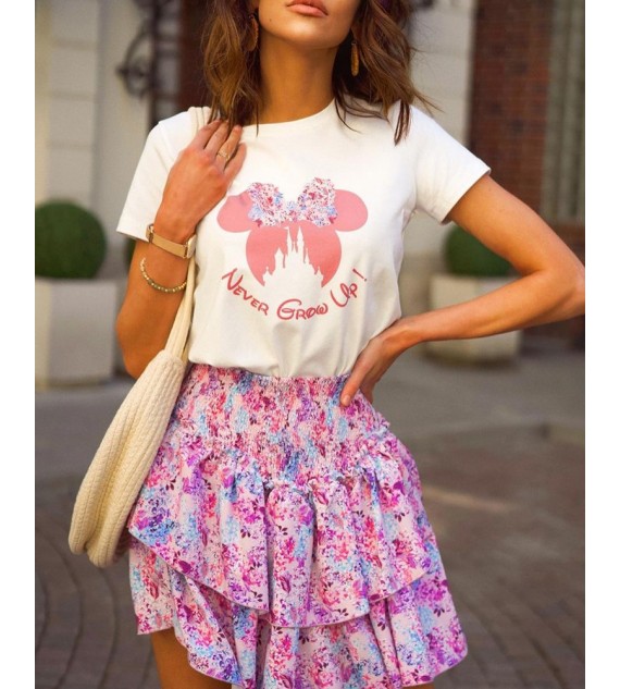 Letter Cartoon Print Top & Layered Ruffles Floral Print Skirt Set