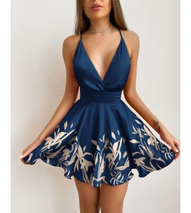 Floral Print Bowknot Tie Waist Plunging Neck Crisscross Backless Satin Cami Dress
