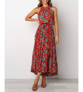 O Neck Sleeveless Floral Print Ruched Maxi Dress