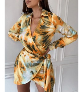 Tie Dye Wrap Tie Side Mini Dress