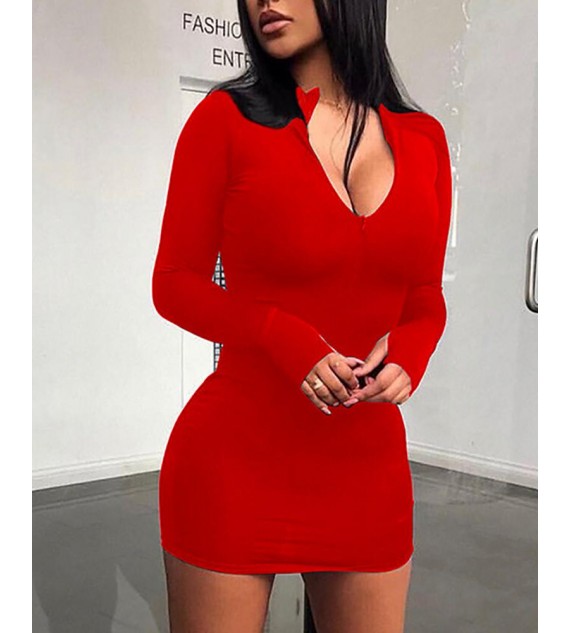 Solid Zipped V-Neck Bodycon Dress