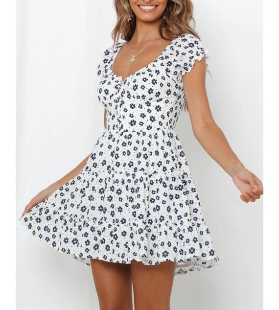 Floral V Neck Fit & Flare Dress