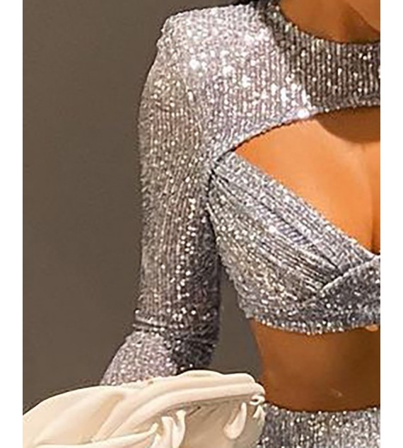 Sequins Cutout Front Crop Top & Ruched Skirt Set