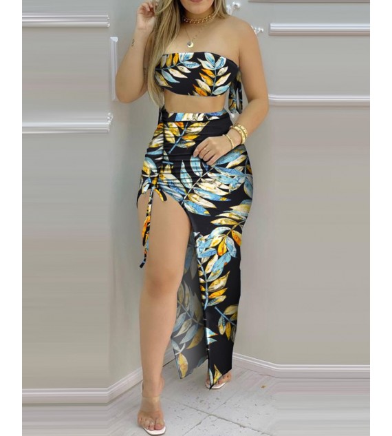 Tropical Print Bandeau Crop Top & Drawstring High Slit Skirt Sets