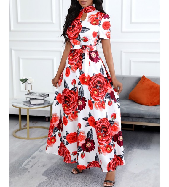 Floral Print Cutout Front Maxi Women Dress