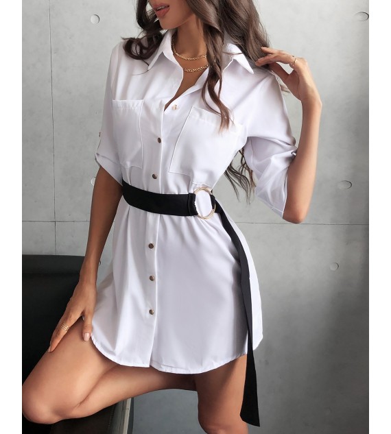 Button Front Half Sleeve Shirt Dress With Belt