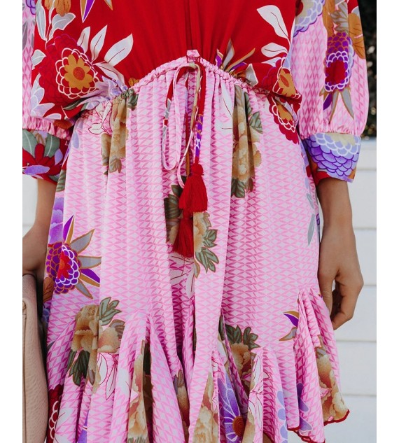 Floral Print Ruffles Hem Lantern Sleeve Casual Dress