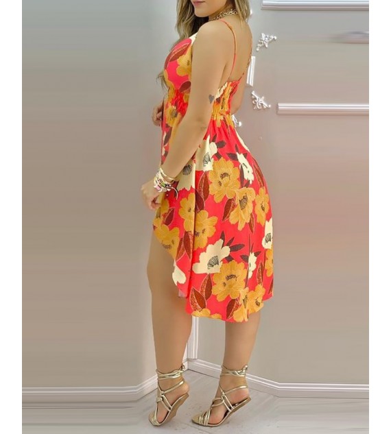 Floral Print Deep V Neck Spaghetti Strap Asymmetrical Dress