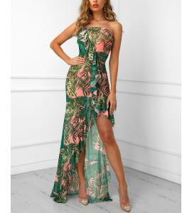 Leaf Printed Irregular Ruffles Hem Tube Dress