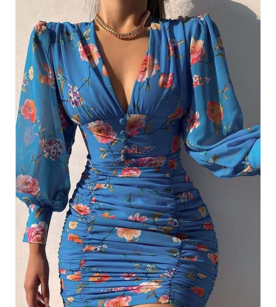 Puff Lantern Sleeve Floral Print Ruched Bodycon Dress