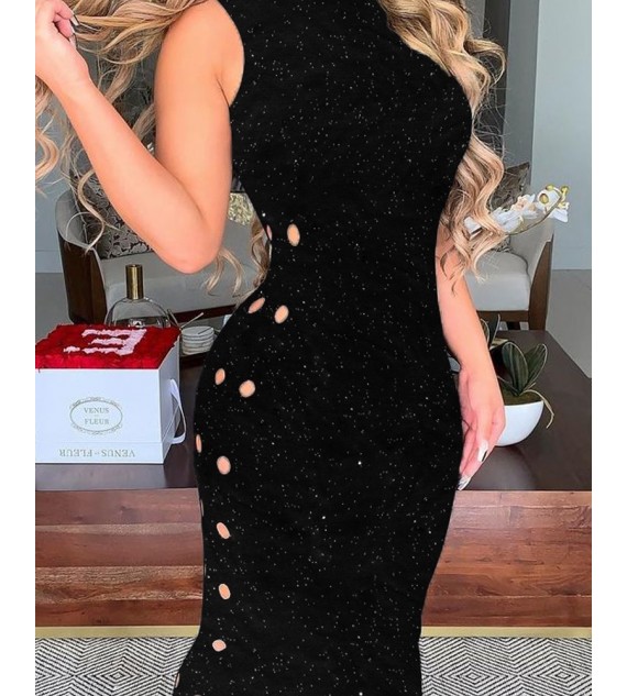 Rib-knit Hollow-out Straight Bodycon Dress