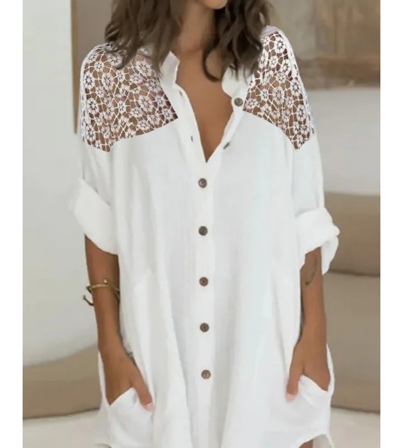 Crochet Lace Patch Buttoned Shirt Dress