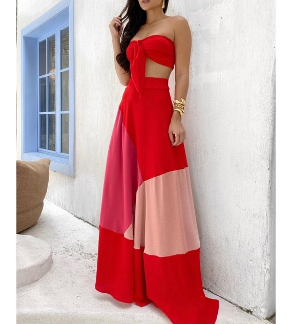 Plain Kd Bandeau Top & Color Maxi Skirt Set
