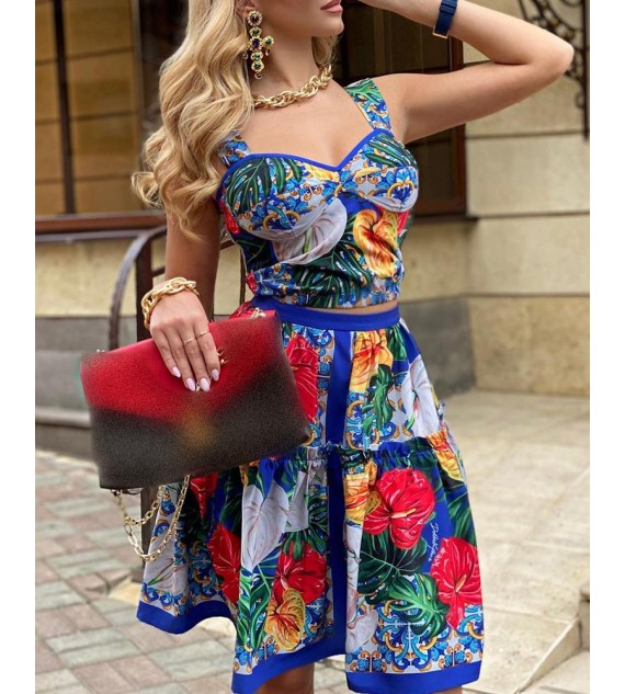 Tropical Print Tank Top & Midi Skirt Set