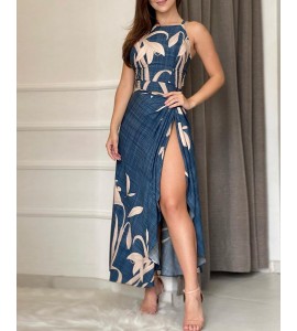 Tropical Print Top & High Slit Twisted Maxi Skirt Set
