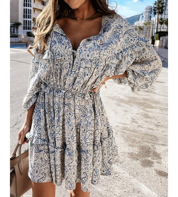 Paisley Print Long Sleeve Frill Hem Ruched Dress