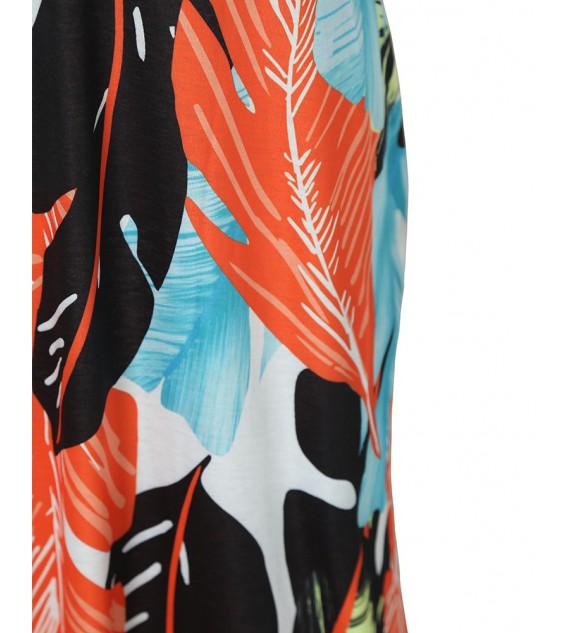 V Neck Dresses Leaf Print Casual Beach Party Swing Dress With Pockets