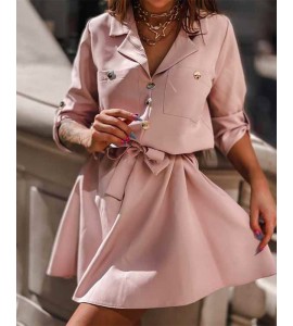 Notched Collar Button Decor Pocket Tie Front Culotte Tweed Dress