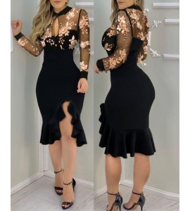 Slit Ruffles Hem Embroidery Lace Floral Pattern Long Sleeve Slimming Dress Sexy Elegant Casual Party dress