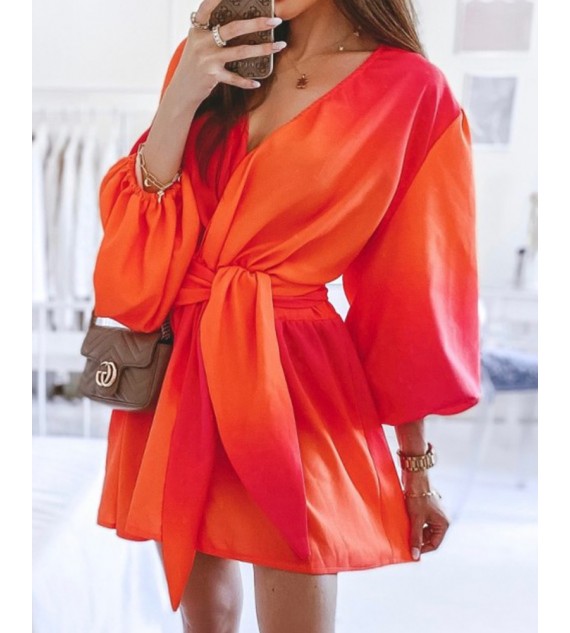Ombre V-Neck Lantern Sleeve Belted Casual Dress
