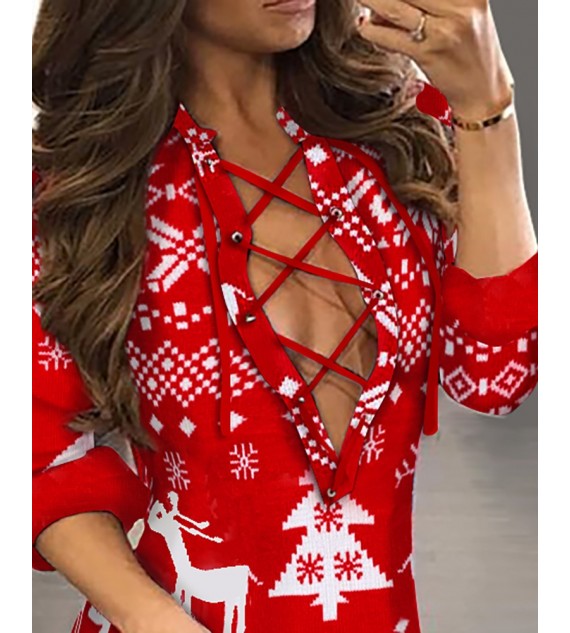 Christmas Eyelet Lace-up Side Slit Dress